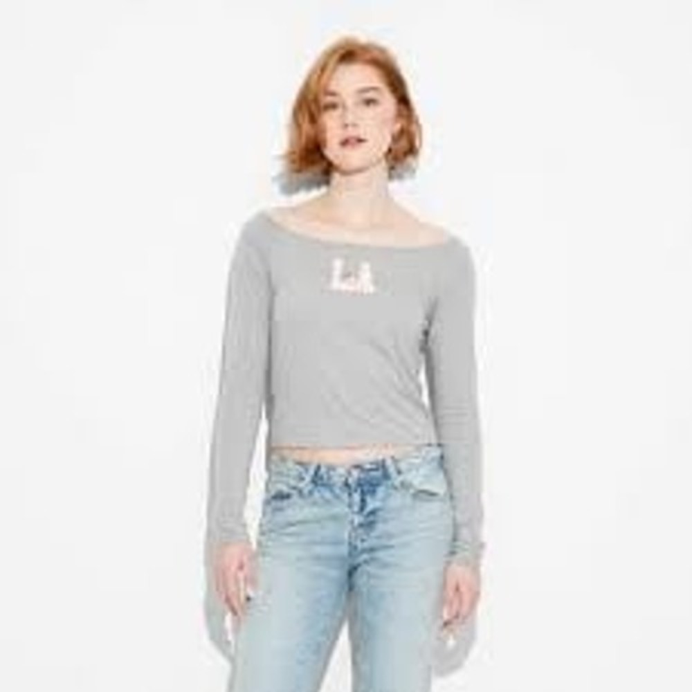 NEW Modern Lux Gray Longsleeve Off the Shoulder‎ LA Tee, Small
